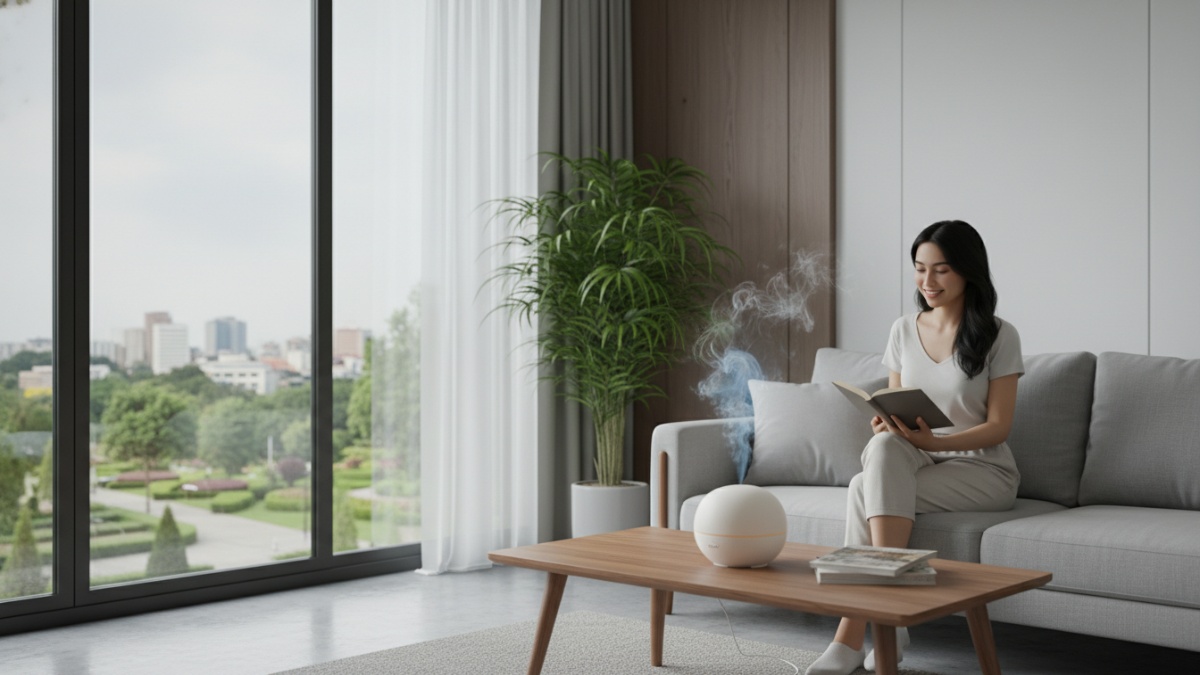 Diffuser minyak esensial menyebarkan aroma lavender ke seluruh ruangan. 