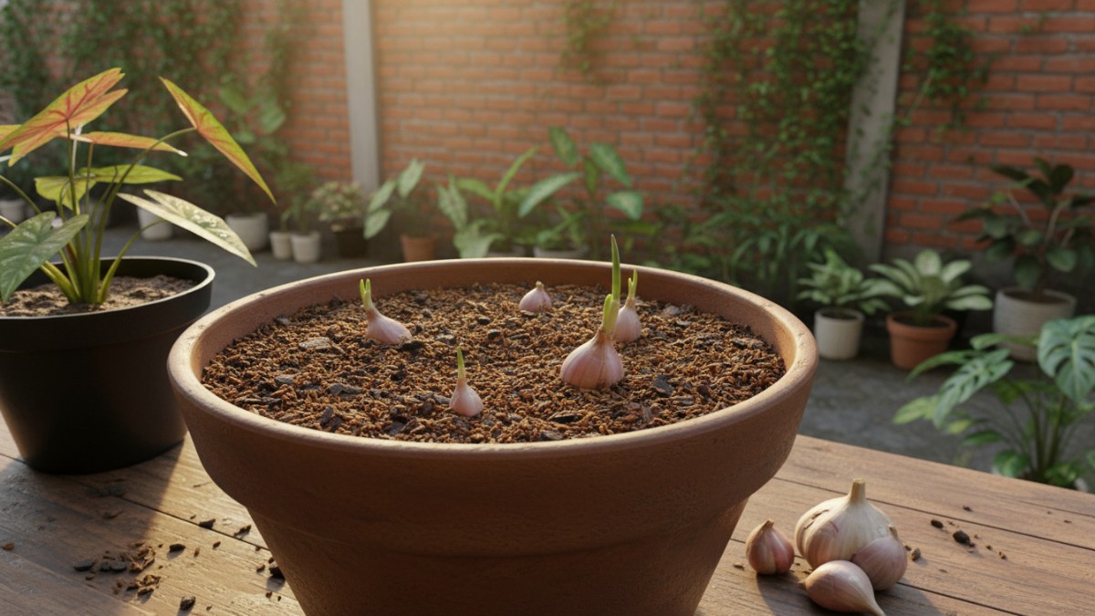Siung bawang putih sehat siap ditanam di media pot gembur.