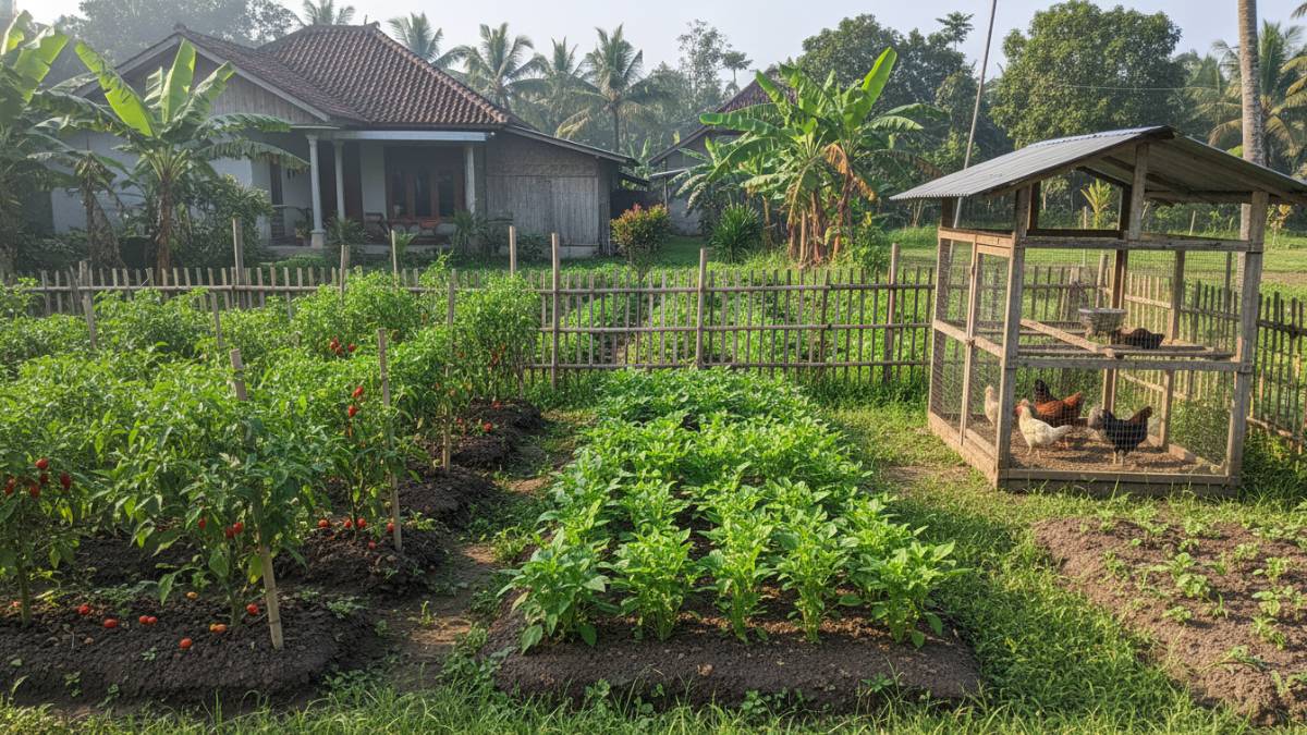 Kebun sayur rumahan berjarak aman dari kandang ayam di pekarangan.