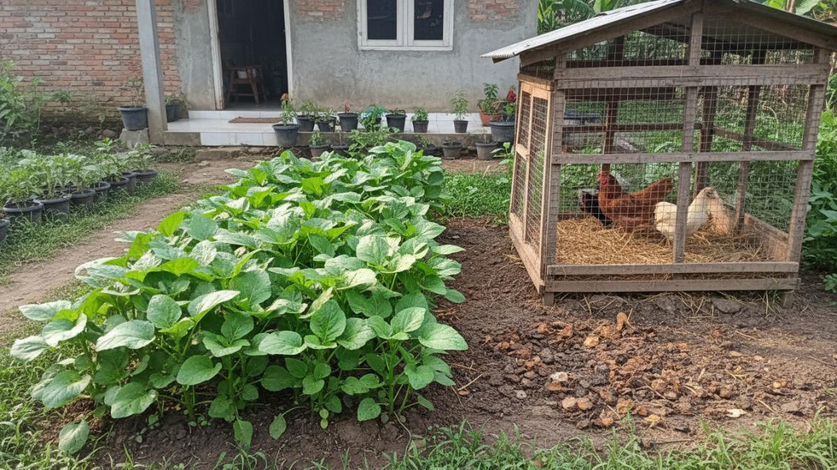 Tanah subur di sekitar kandang ayam dengan bedeng terpisah.