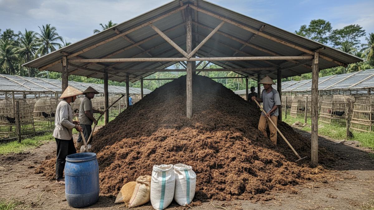 Proses fermentasi kotoran ayam sebelum dipakai.
