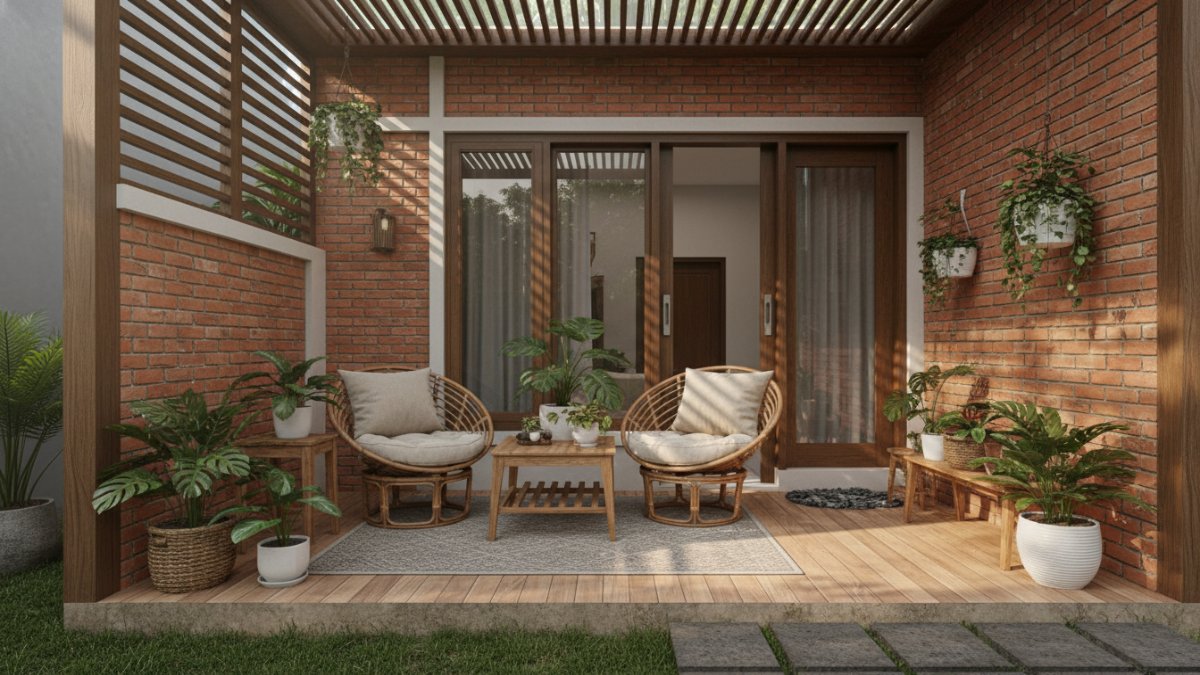 Teras rumah sederhana dengan tanaman pot kecil 