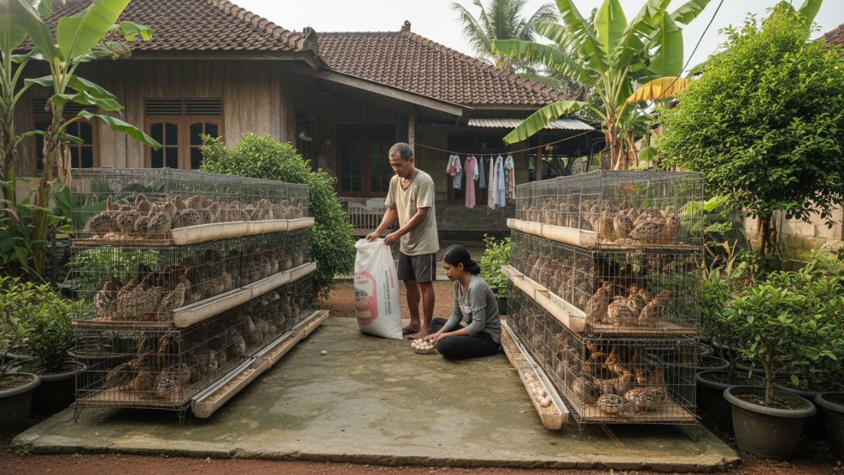 Aktivitas ternak puyuh di pekarangan rumah dengan kandang baterai rapi, gambaran usaha mikro produktif.