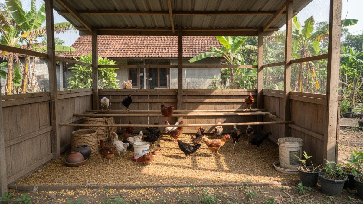 Kandang ayam kampung skala rumahan dengan ventilasi terbuka dan pencahayaan cukup.