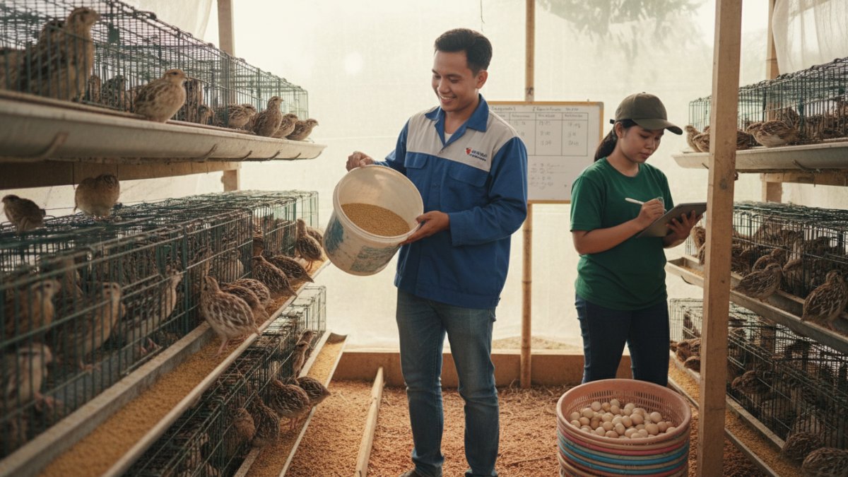 Proses pemberian pakan puyuh dan pencatatan produksi telur harian.