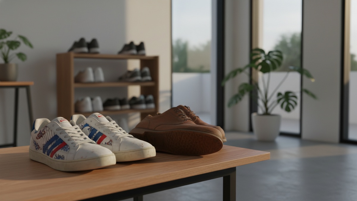 Koleksi sepatu bersih tertata rapi di rak dengan ventilasi baik.