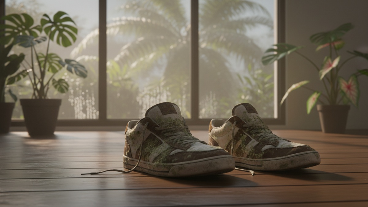 Sepatu dengan bercak jamur akibat kelembapan tinggi.