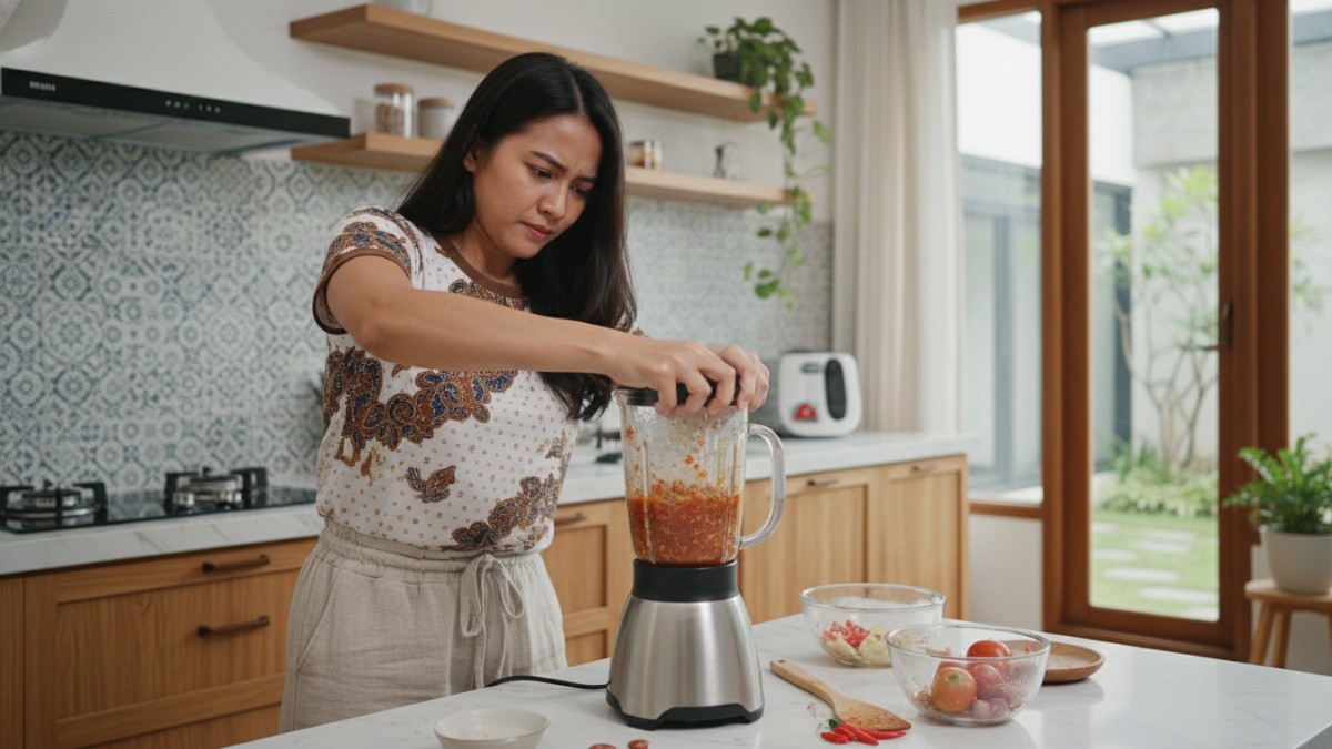 Blender dapur dengan tutup terpasang rapat setelah digunakan membuat smoothie panas