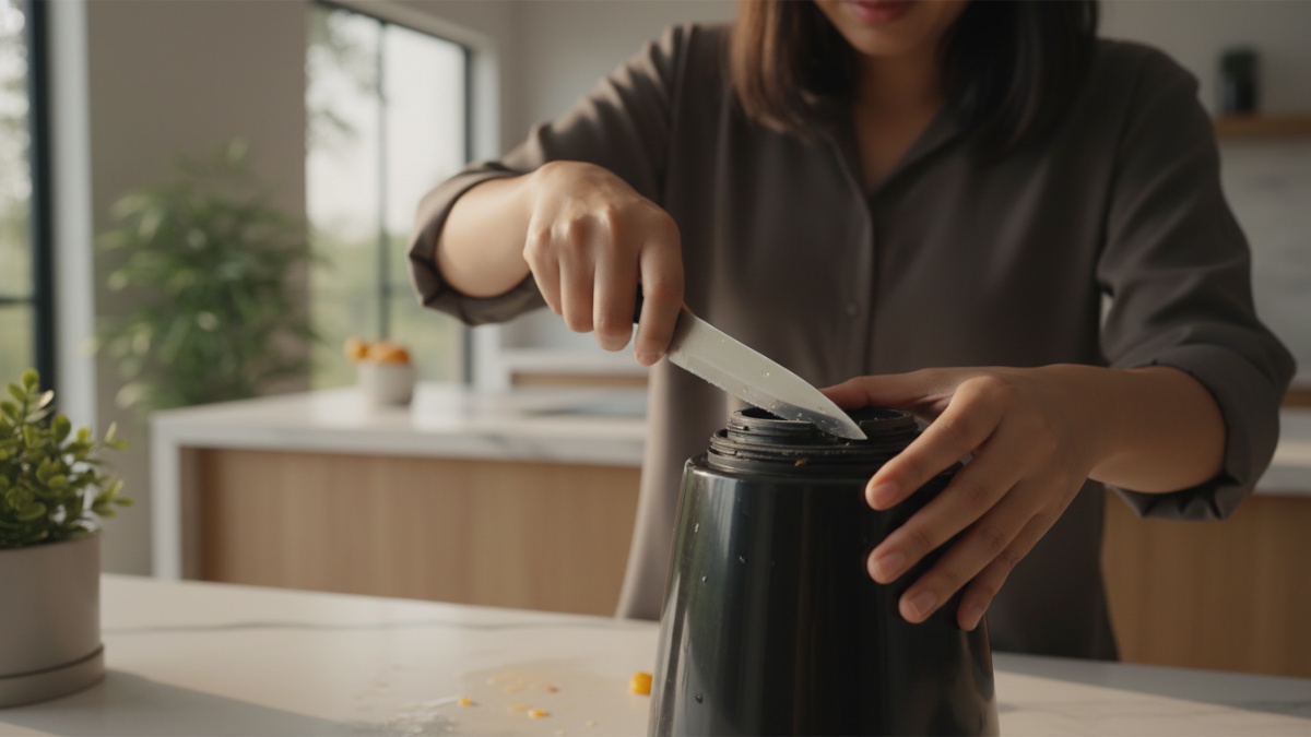 Contoh kesalahan membuka blender dengan mencungkil pisau.