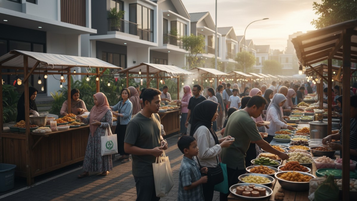 Suasana bazar takjil Ramadhan yang ramai dengan masyarakat berburu makanan berbuka. 