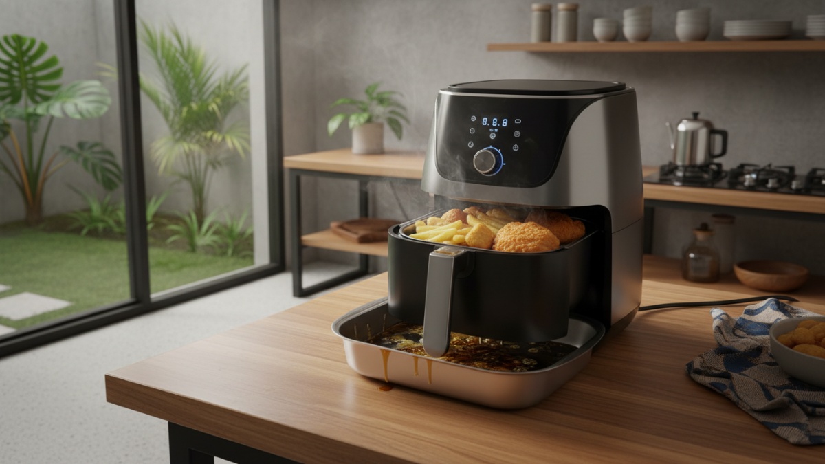Ilustrasi kerak minyak pada bagian bawah air fryer setelah memasak ayam