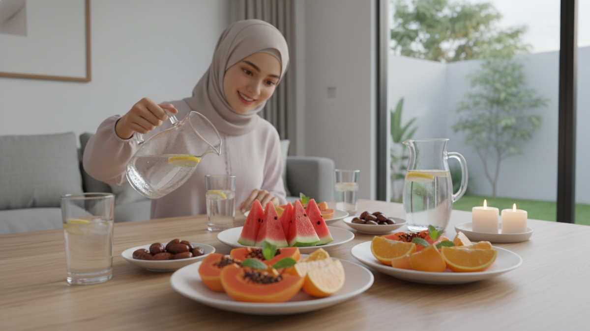 Potongan buah segar seperti semangka, pepaya, dan jeruk di meja berbuka Ramadan yang membantu menjaga  