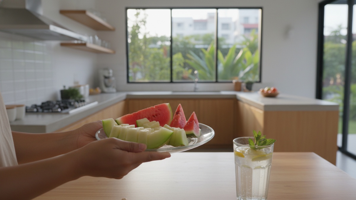 Potongan semangka dan melon segar sebagai buah tinggi air untuk menu berbuka.hidrasi tubuh. 