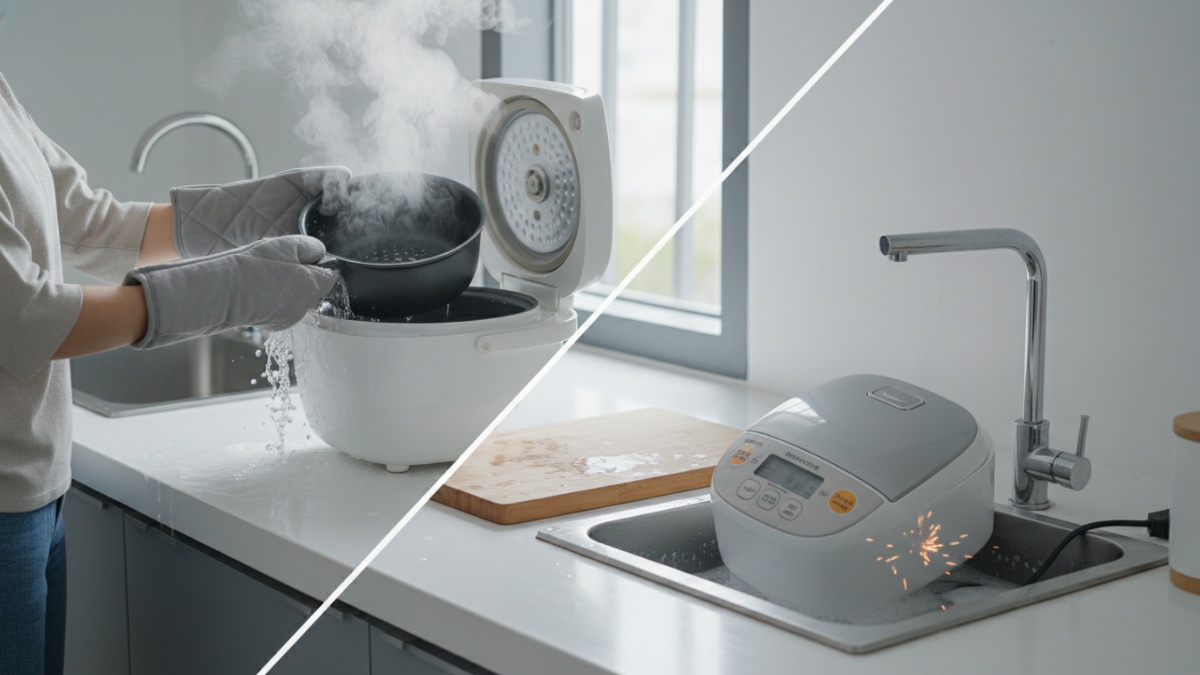 Contoh kesalahan mencuci unit utama air fryer dengan air mengalir