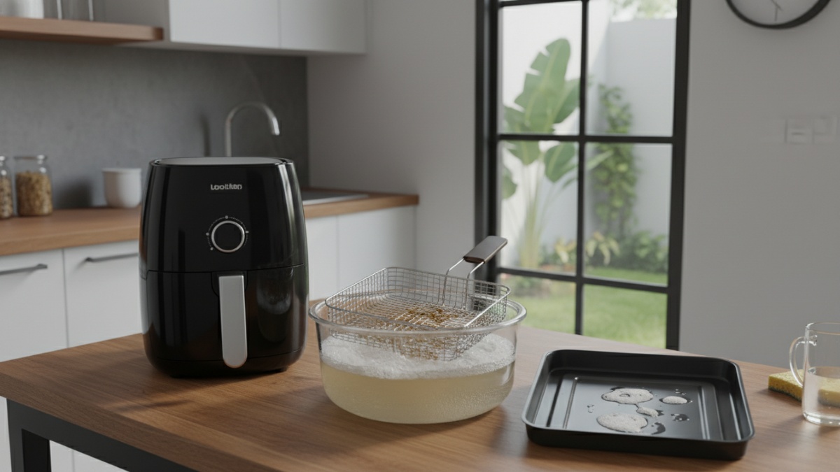 Tahapan melepas dan merendam keranjang air fryer dengan sabun lembut.