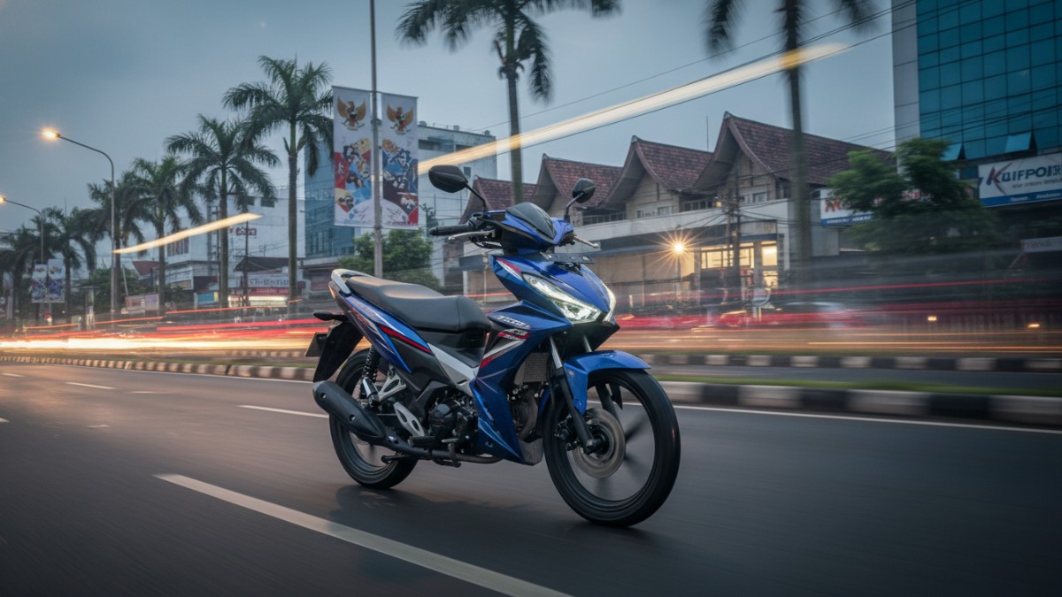 Honda Revo 2026 tampilan gagah di jalan perkotaan, simbol motor kerja irit dan tangguh.