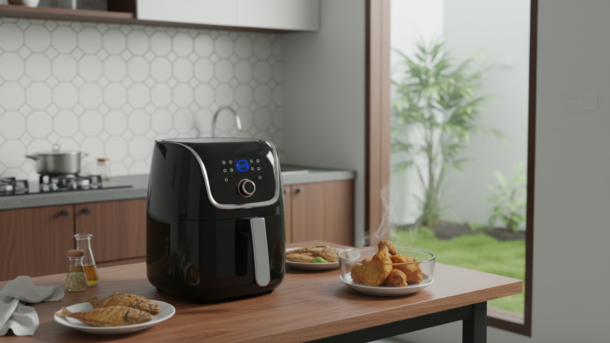 Air fryer disimpan rapi di rak dapur dengan ventilasi baik