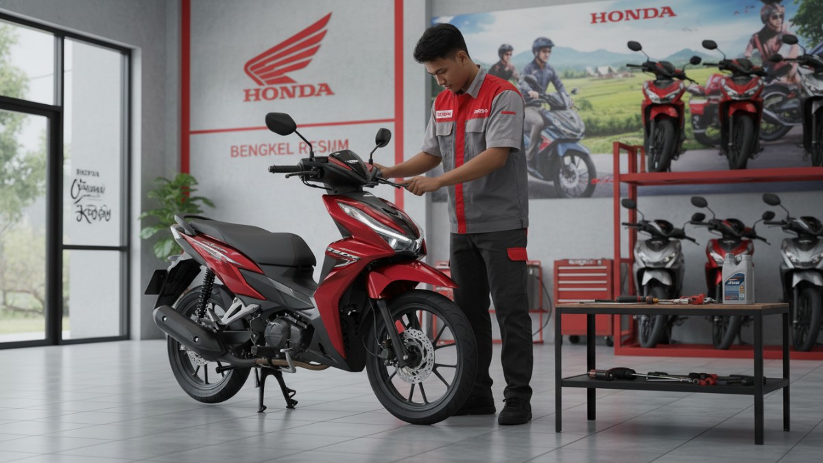 Mekanik melakukan servis rutin motor bebek di bengkel resmi.