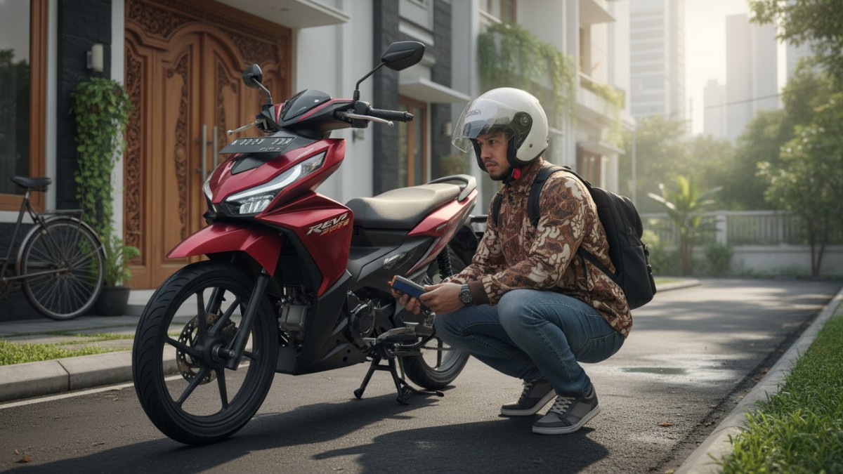 Pengendara mengecek tekanan ban sebelum berangkat kerja.