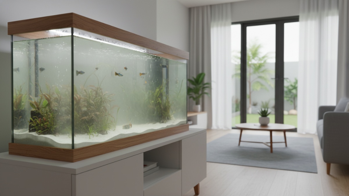 Aquarium jernih dengan sistem filter aktif dan ikan hias sehat
