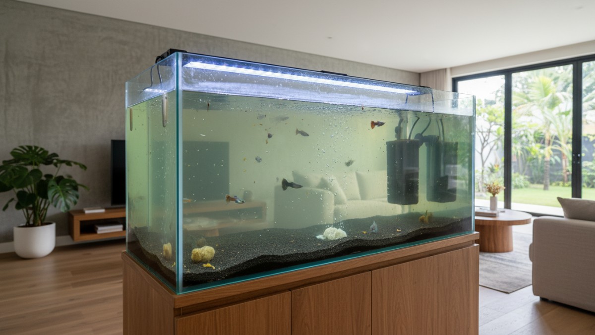 Contoh air aquarium keruh akibat sisa pakan berlebih.
