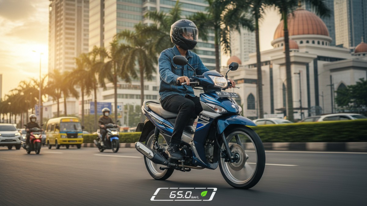 Suzuki Smash 115 2026 motor bebek irit 65 km per liter di jalan perkotaan Indonesia.