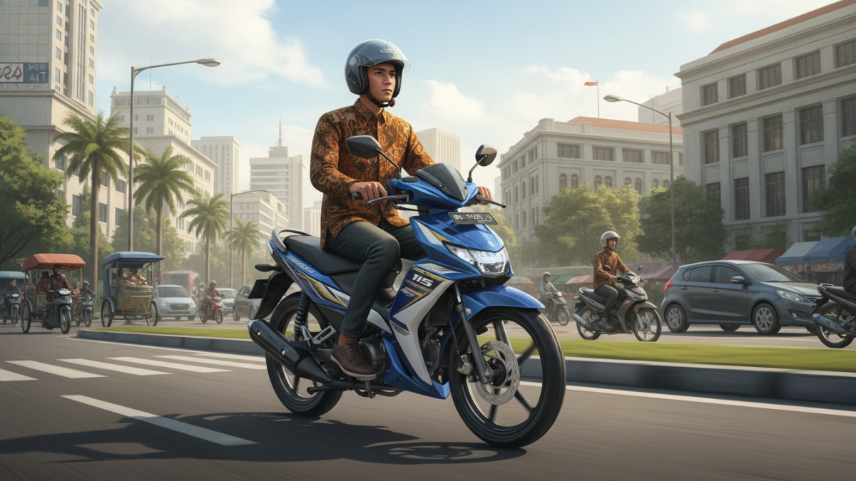 Ilustrasi pengendara motor bebek dengan gaya berkendara stabil di jalan kota.