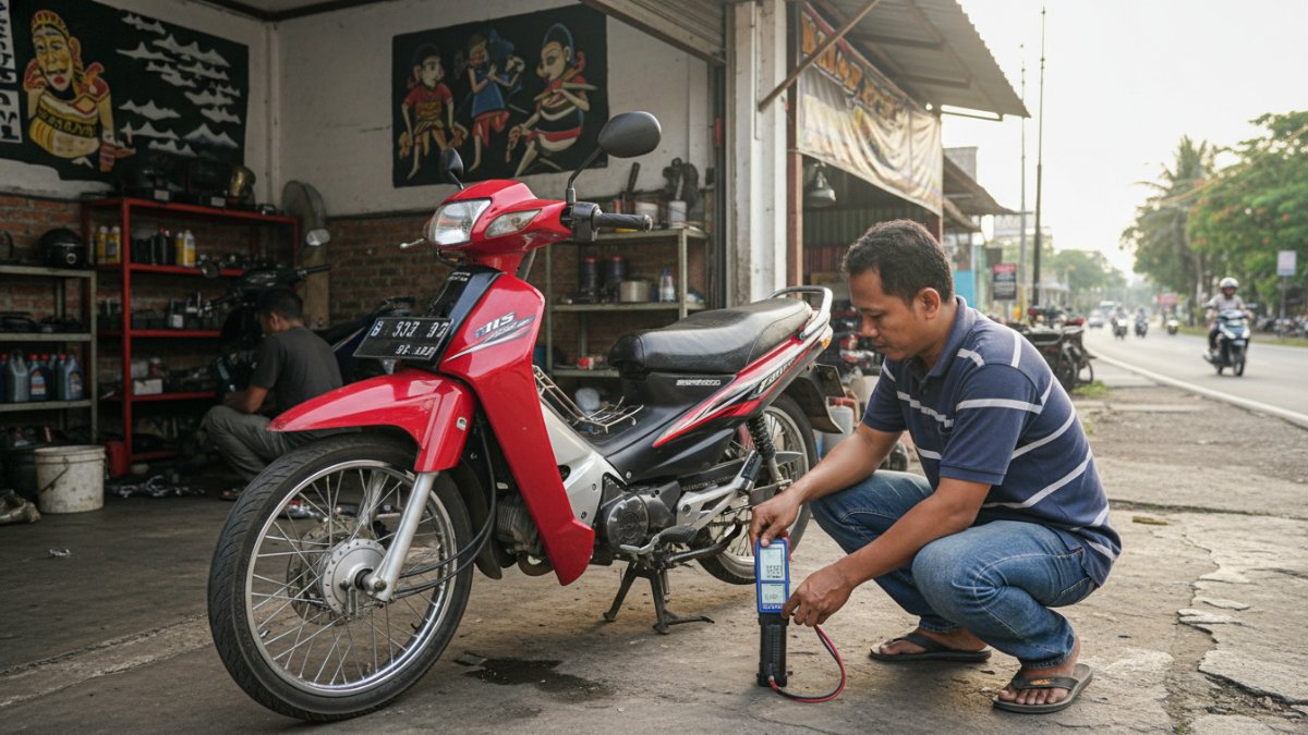 Pemeriksaan tekanan ban motor bebek untuk menjaga efisiensi bahan bakar.