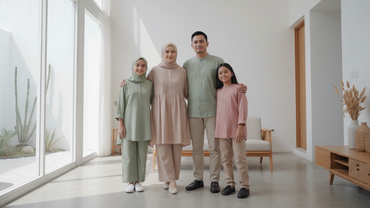 Ilustrasi keluarga mengenakan busana Lebaran minimalis dengan bahan ringan yang nyaman dipakai sepanjang hari raya. 