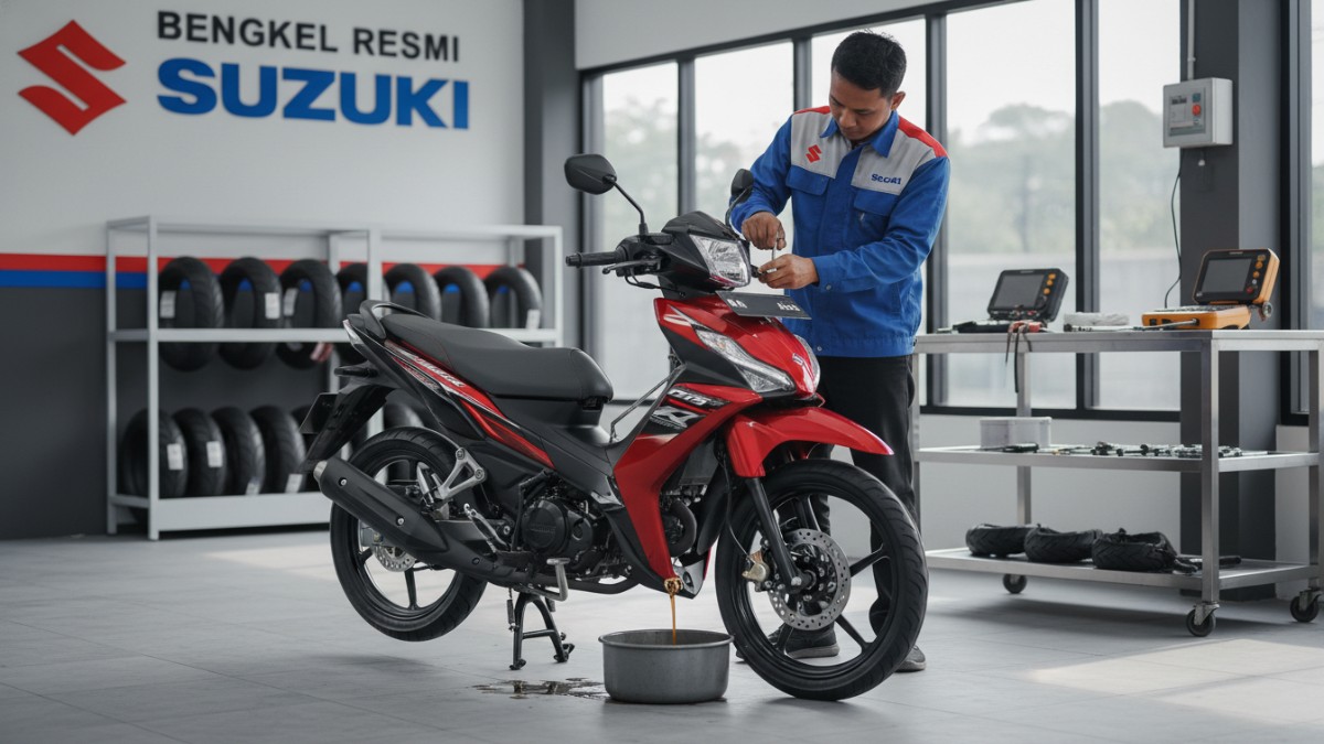 Mekanik melakukan servis rutin motor bebek di bengkel resmi.