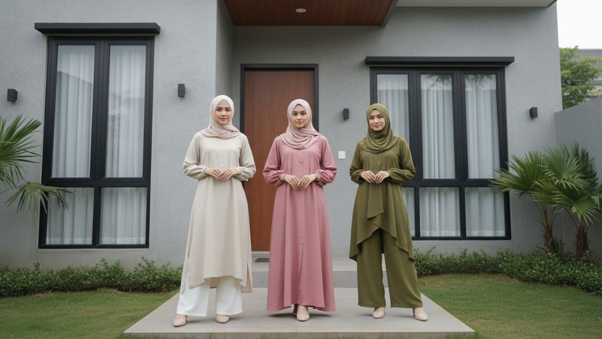 Ilustrasi berbagai model baju Lebaran sederhana seperti tunik dan gamis minimalis yang fleksibel dipakai kembali. 
