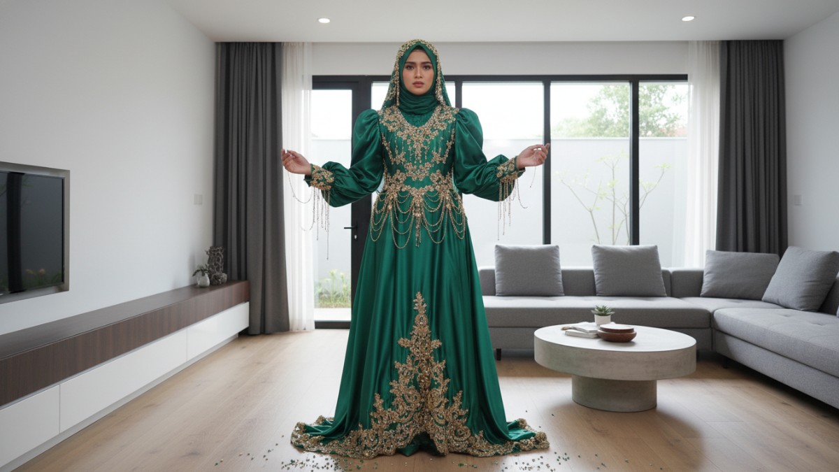 Contoh kesalahan memilih baju Lebaran dengan detail berlebihan yang membuat pakaian sulit dipakai ulang. 