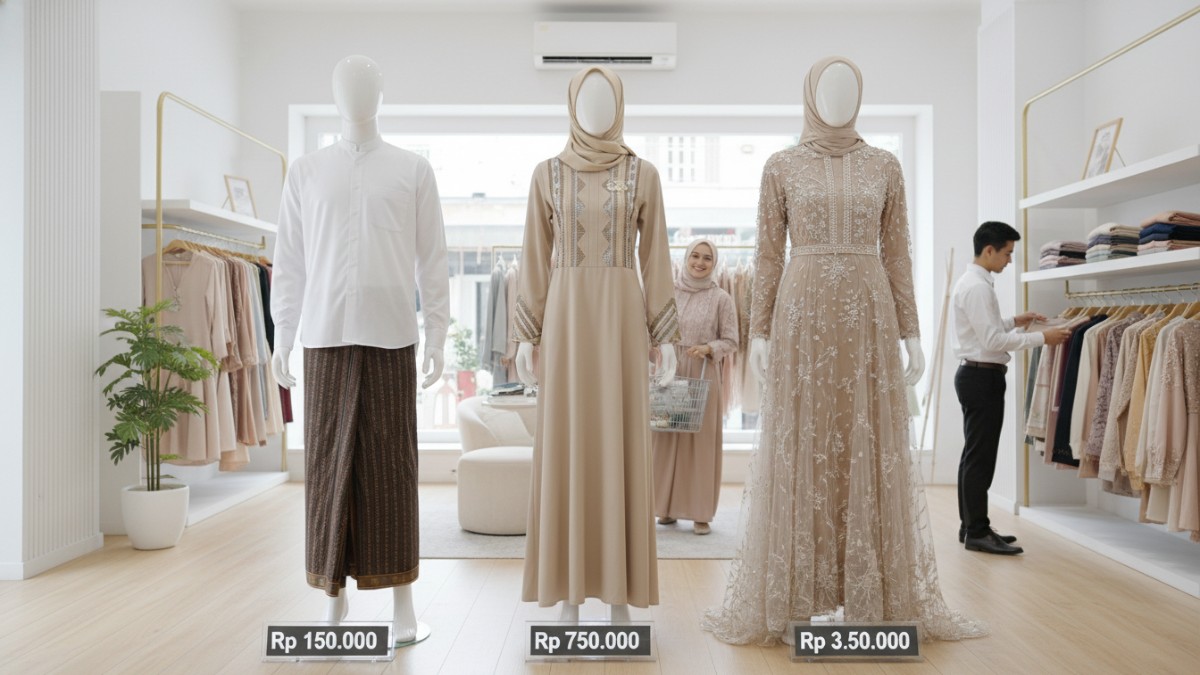 Perbandingan harga baju Lebaran dari model sederhana hingga premium di toko fashion. 