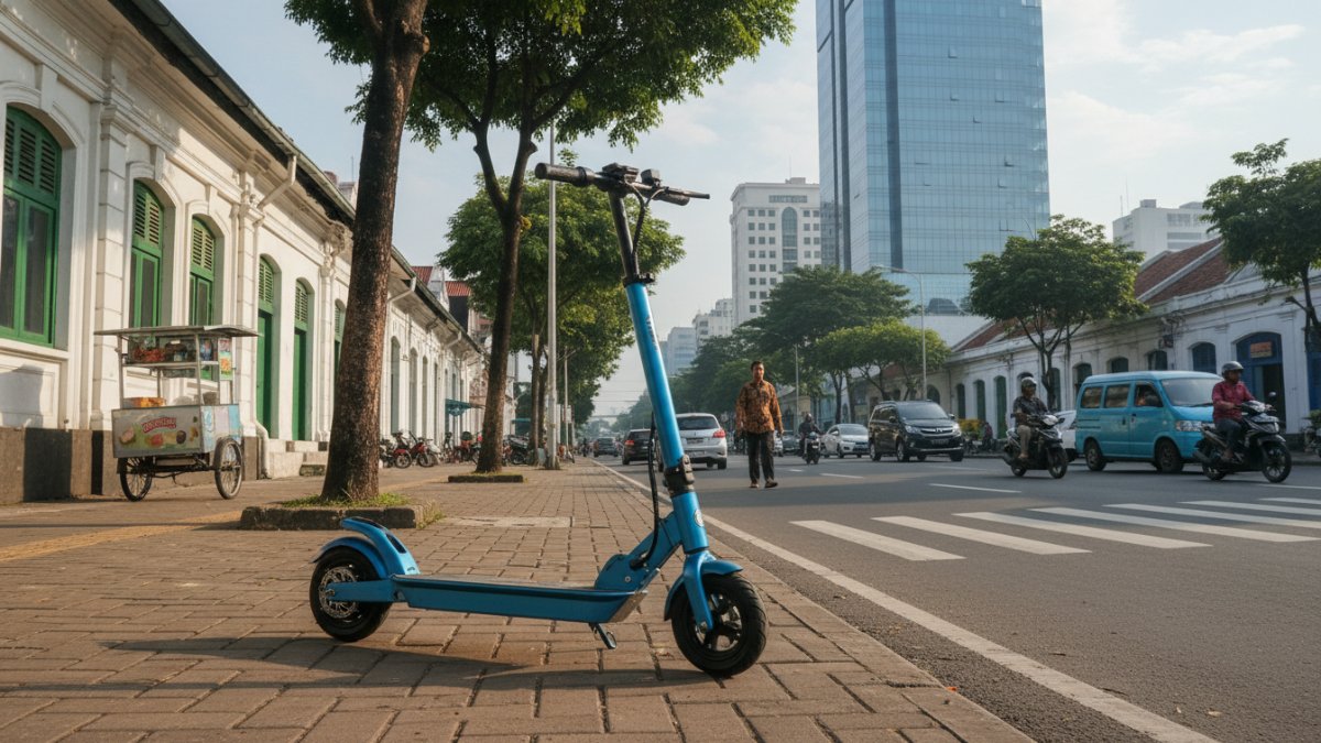 Skuter listrik terlipat di area perkotaan, ilustrasi mobilitas ringkas hemat energi.
