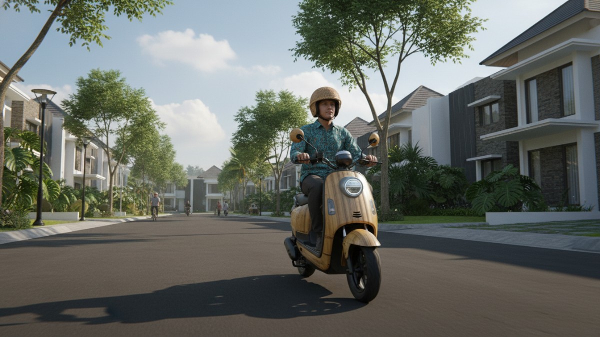 Skuter listrik digunakan di jalan kompleks perumahan modern.