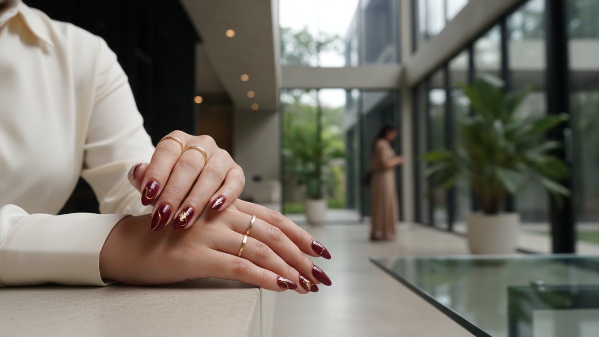 Inspirasi nail art maroon elegan dengan aksen emas minimalis yang memberi kesan mewah untuk berbagai acara. 