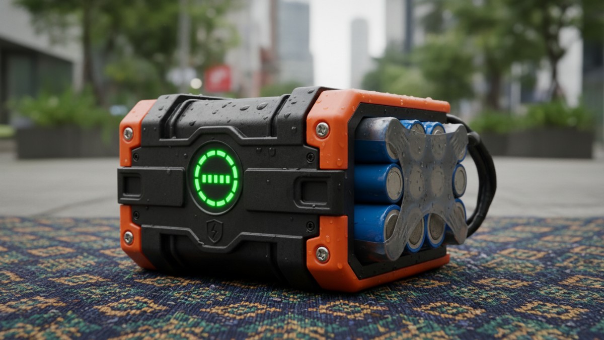 Close-up baterai lithium skuter listrik dengan indikator daya.