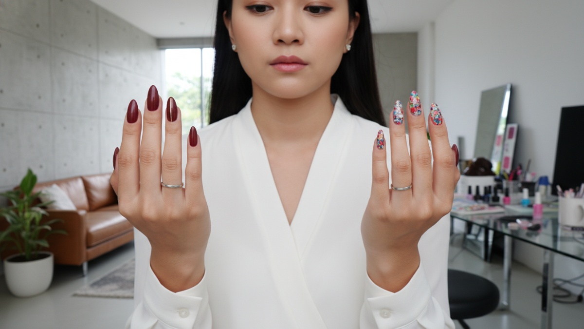 Perbandingan desain nail art maroon minimalis dan motif terlalu ramai 
