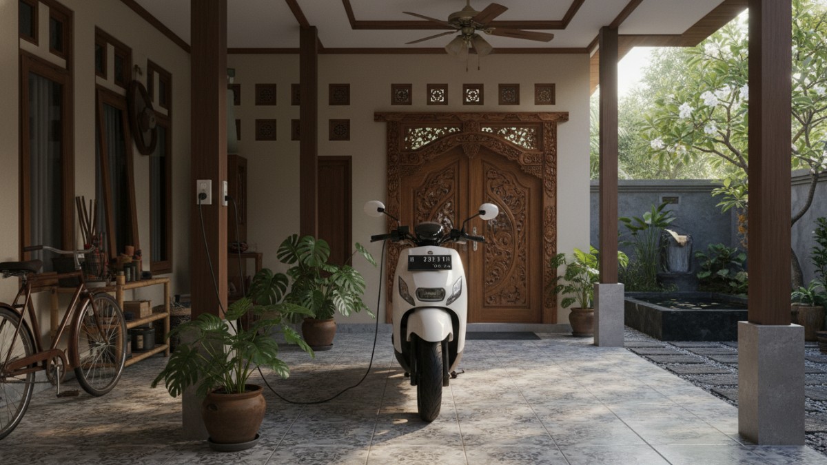 Pengisian daya skuter listrik di garasi rumah.