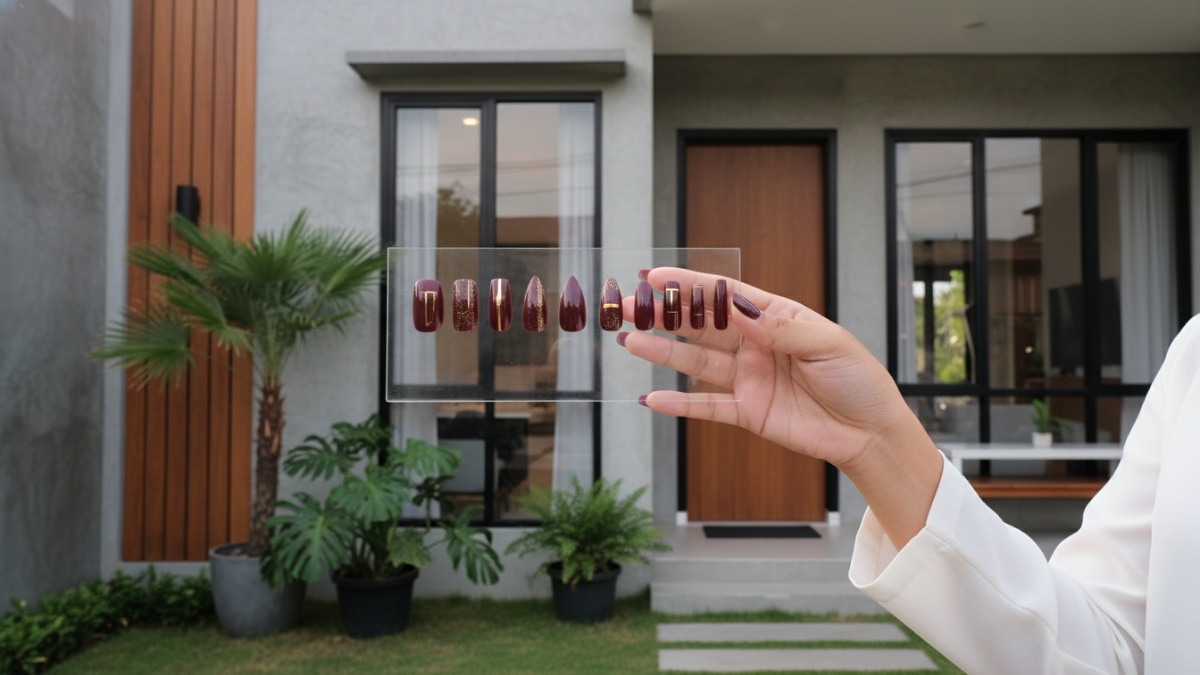 Ilustrasi berbagai bentuk kuku untuk nail art maroon. 