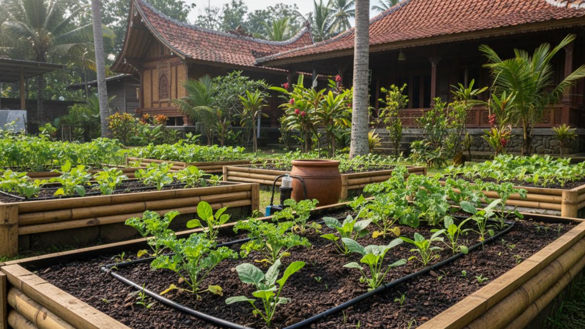 Sistem irigasi tetes presisi di kebun rumah tropis dengan tanaman sayur hijau subur.