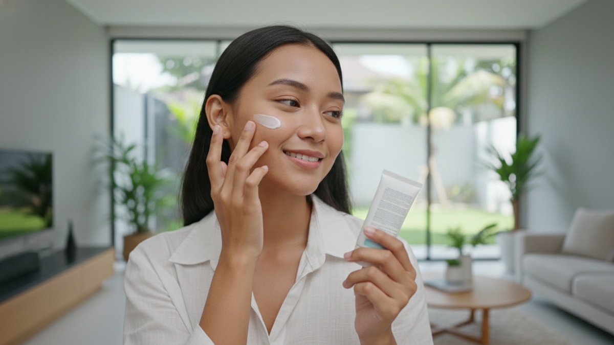 ilustrasi penggunaan sunscreen non-comedogenic pada wajah untuk melindungi kulit dari sinar UV. 