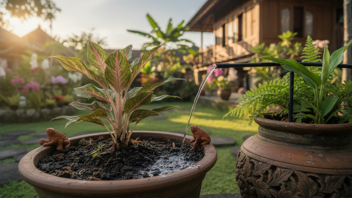 Detail dripline menyalurkan air langsung ke zona akar tanaman pot.