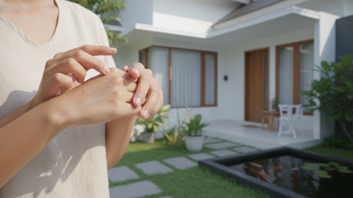 tekstur sunscreen gel ringan yang mudah menyerap pada kulit sensitif. 
