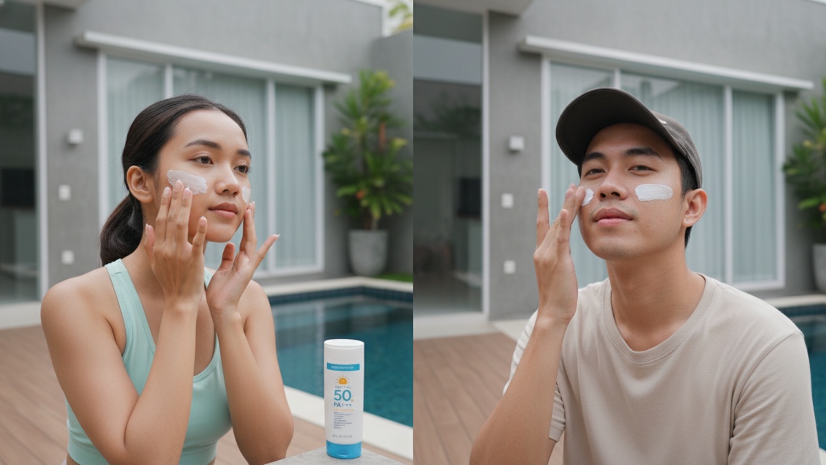 perbandingan penggunaan sunscreen yang tepat dan kesalahan umum pemakaian. 