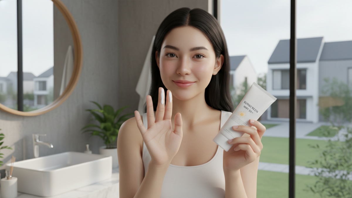 : langkah menggunakan sunscreen dengan teknik dua ruas jari untuk wajah. 
