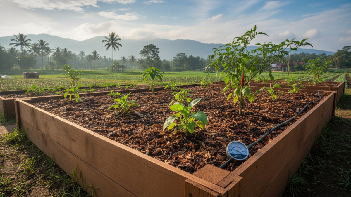 Raised bed dengan mulsa organik menjaga kelembapan tanah.
