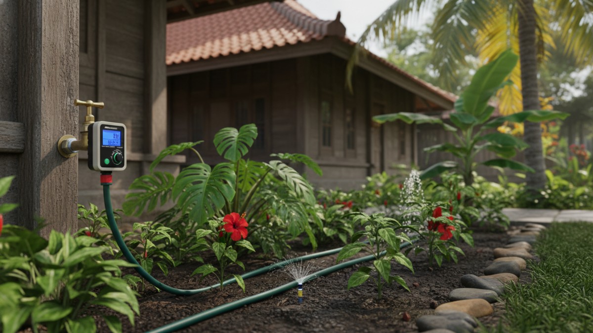 Timer otomatis irigasi terpasang di keran kebun rumah.