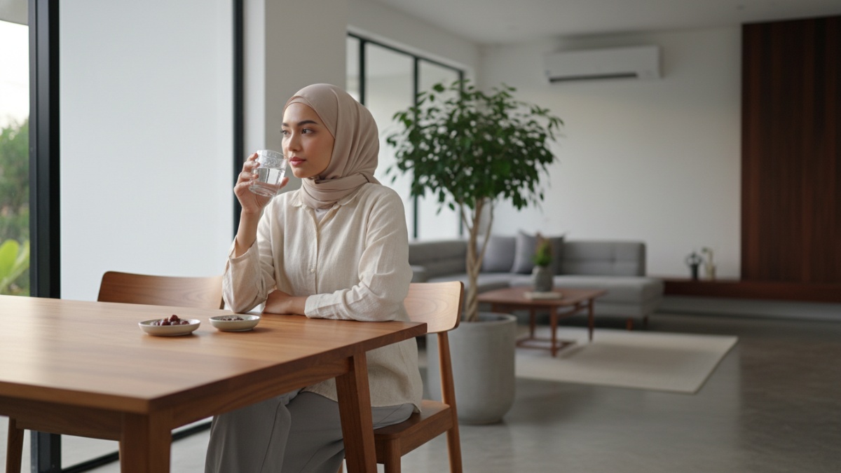 seseorang minum air sedikit saat berbuka untuk menghindari perut penuh. 