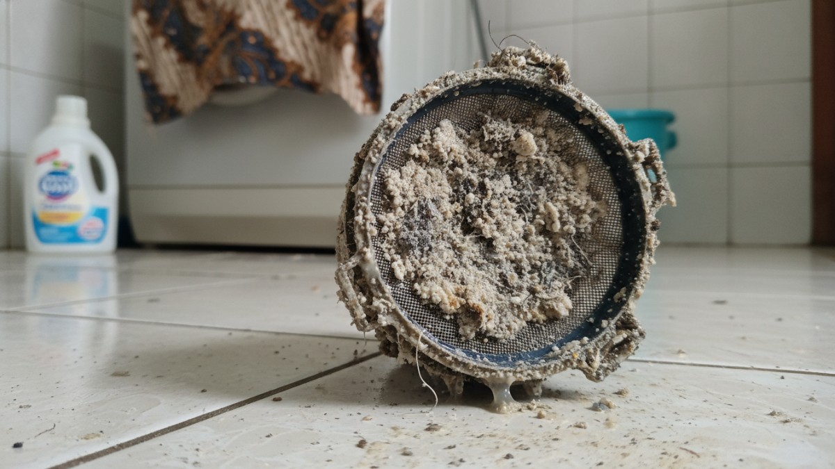 Filter mesin cuci kotor penuh residu deterjen dan kotoran.